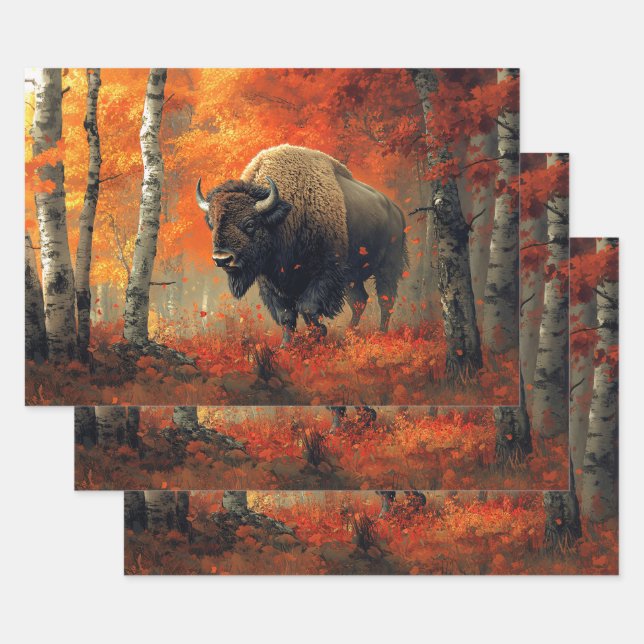 Bison in the Autumn Woods Artwork Wrapping Paper Sheet (Set)