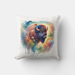 Bison in the Wild 010824AREF128 - Watercolor Throw Pillow
