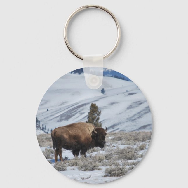 Bison in the Winter Mountains of Yellowstone Keychain (Front)