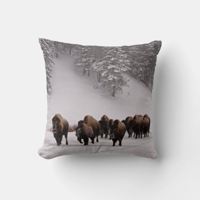 Bison in Winter Throw Pillow (Front)