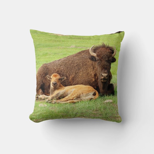Bison Mother and Calf Throw Pillow (Front)
