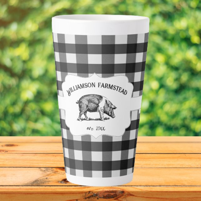 Bison noir Plaid Farm Pig Latte Mug (Black Buffalo Plaid Farm Pig Personalized Latte Mug)