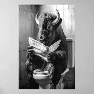 Bison on Toilet Print, Funny Bathroom Newspaper Poster