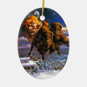 Bison Pulling Santa Claus Ceramic Ornament
