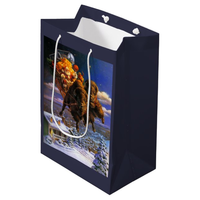 Bison Pulling Santa Claus Medium Gift Bag (Front Angled)