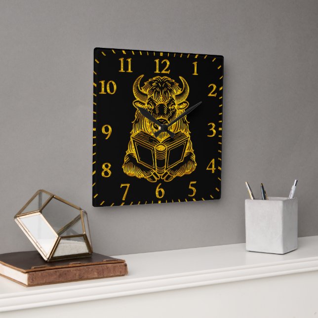 Bison Reading a Book With Curious Expression Square Wall Clock (Office)