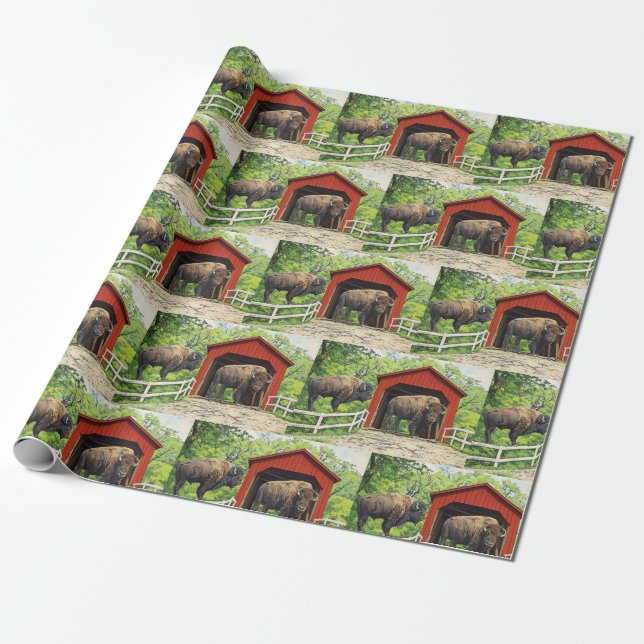 Bison Red Covered Bridge Wrapping Paper (Unrolled)