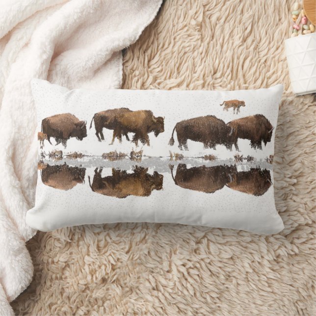 Bison Roaming in Winter Snow | Lumbar Pillow (Blanket)