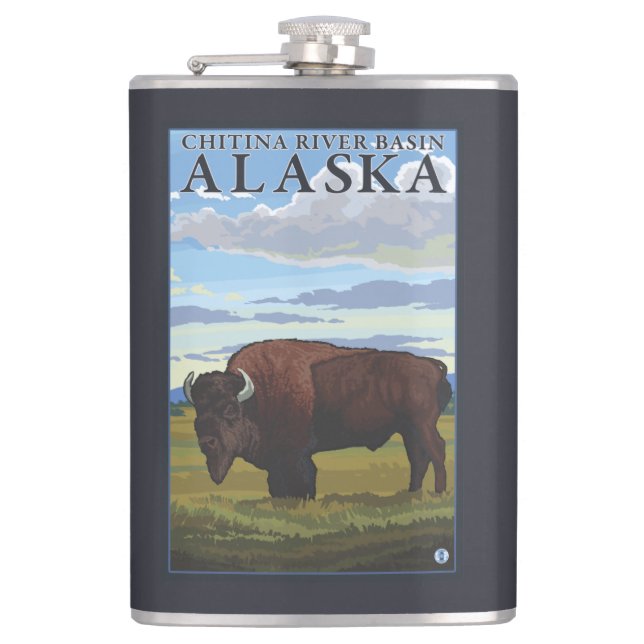 Bison Scene - Chitina River Basin, Alaska Hip Flask (Front)