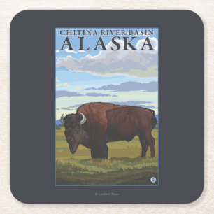 Bison Scene - Chitina River Basin, Alaska Square Paper Coaster