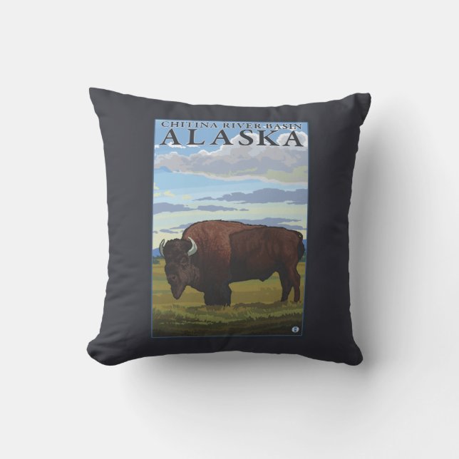Bison Scene - Chitina River Basin, Alaska Throw Pillow (Front)