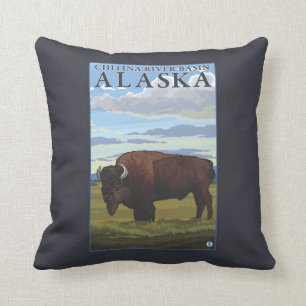 Bison Scene - Chitina River Basin, Alaska Throw Pillow