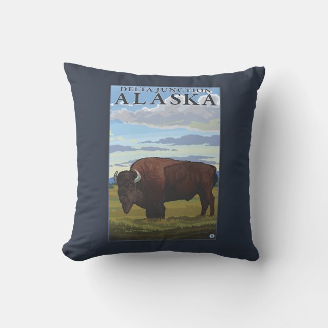 Bison Scene - Delta Junction, Alaska Throw Pillow (Front)