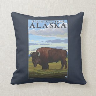 Bison Scene - Delta Junction, Alaska Throw Pillow