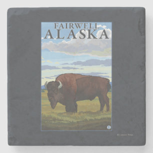 Bison Scene - Fairwell, Alaska Stone Coaster