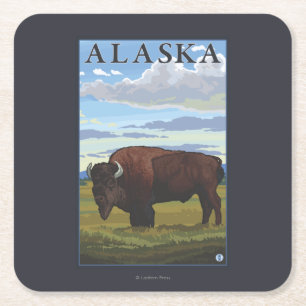Bison Scene- Vintage Travel Poster Square Paper Coaster