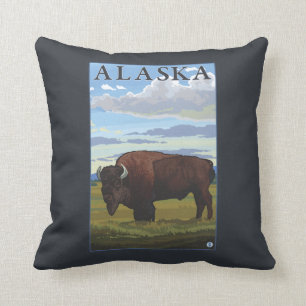 Bison Scene- Vintage Travel Poster Throw Pillow