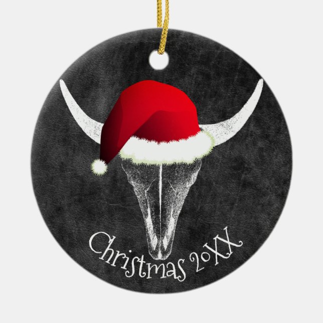 Bison Skull with Santa Hat Christmas Ceramic Ornam Ceramic Ornament (Front)