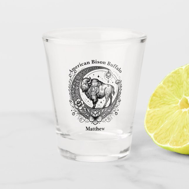 Bison Standing in a Floral Crescent Moon Design Shot Glass (Front)