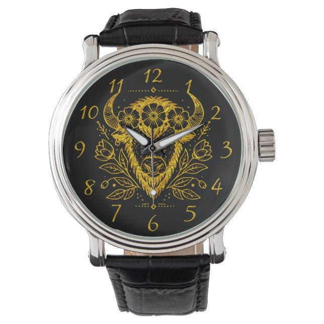 Bison With Floral Crown in Intricate Design Watch (Front)