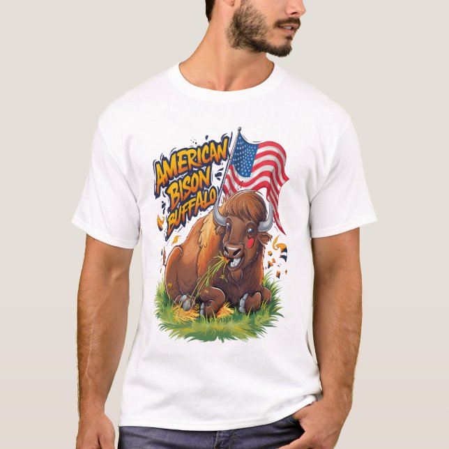Bison with US Flag in Grass T-Shirt (Front)