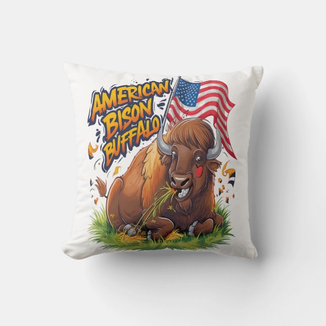 Bison with US Flag in Grass Throw Pillow (Front)