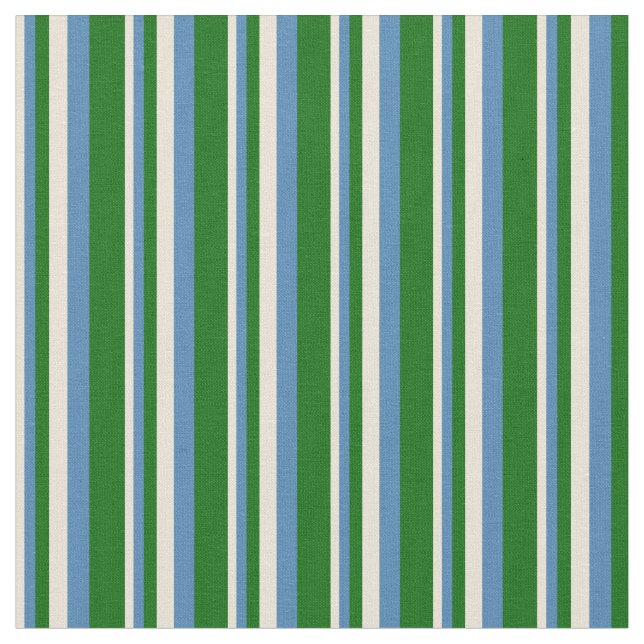 Bisque, Blue, and Dark Green Stripes Pattern Fabric (Close Up)