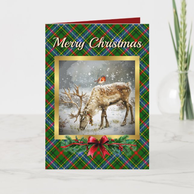 Bisset Stag & Robin Tartan Personalized  Holiday Card (Front)