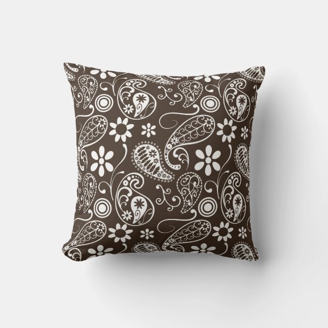 Bistre Brown Paisley Throw Pillow (Front)