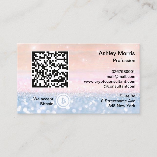 Bit Me QR Code We Accept Bitcoin Blue Ombre Business Card (Front)