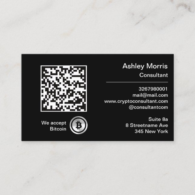 Bit Me QR Code We Accept Bitcoins Custom Black Business Card (Front)
