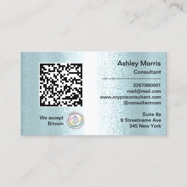 Bit Me QR Code We Accept Bitcoins Custom Blue Business Card (Front)