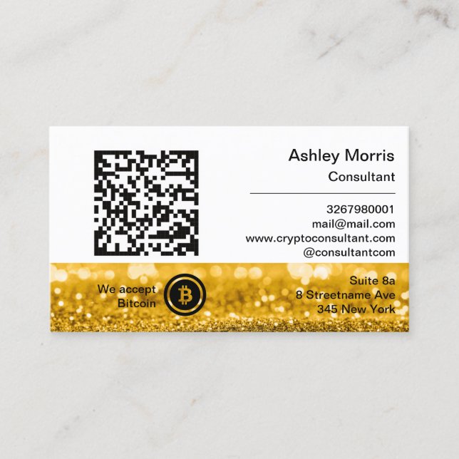 Bit Me QR Code We Accept Bitcoins Gold Glitter Business Card (Front)