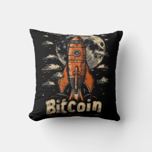 Bitcoin and Rocket to the Moon Crypto Design Throw Pillow