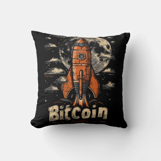 Bitcoin and Rocket to the Moon Crypto Design Throw Pillow (Front)