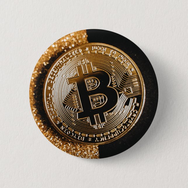 Bitcoin Cryptocurrency Chic Black Gold Glitter 2 Inch Round Button (Front)