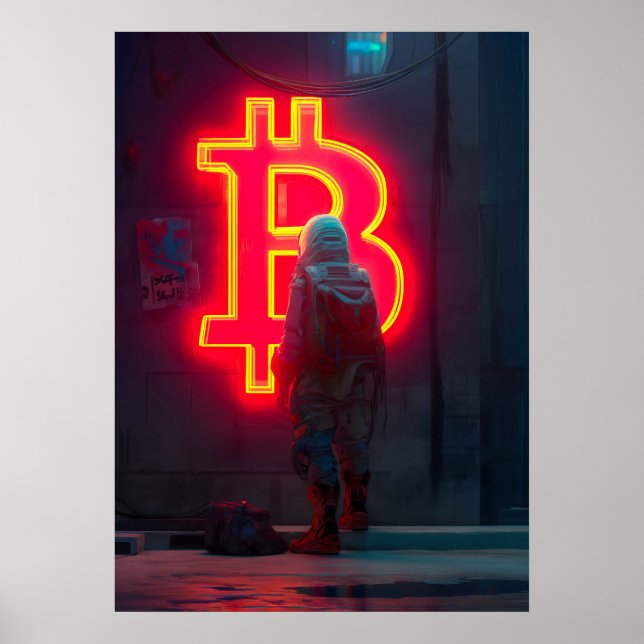 Bitcoin Cyber City Neon Symbol Poster (Front)
