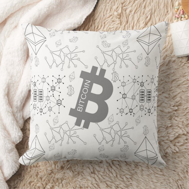 Bitcoin Digital Money Cryptocurrency White Pattern Throw Pillow (Blanket)
