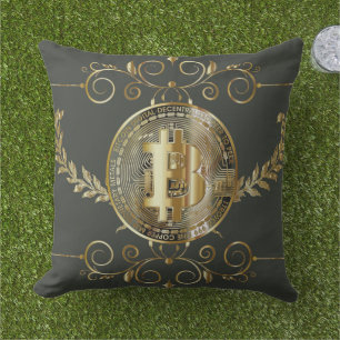 Bitcoin Gold Coin Dark Green Money Outdoor Pillow