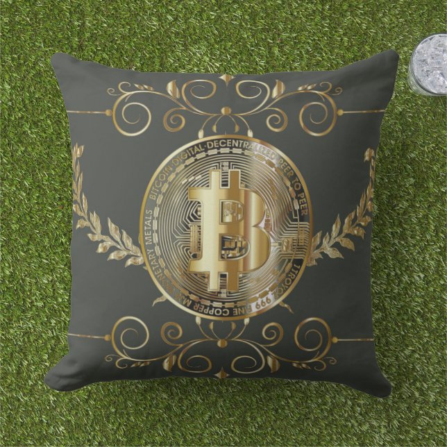 Bitcoin Gold Coin Dark Green Money Outdoor Pillow (Grass)