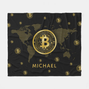 Bitcoin Gold World Black Crypto Personalized Name Fleece Blanket