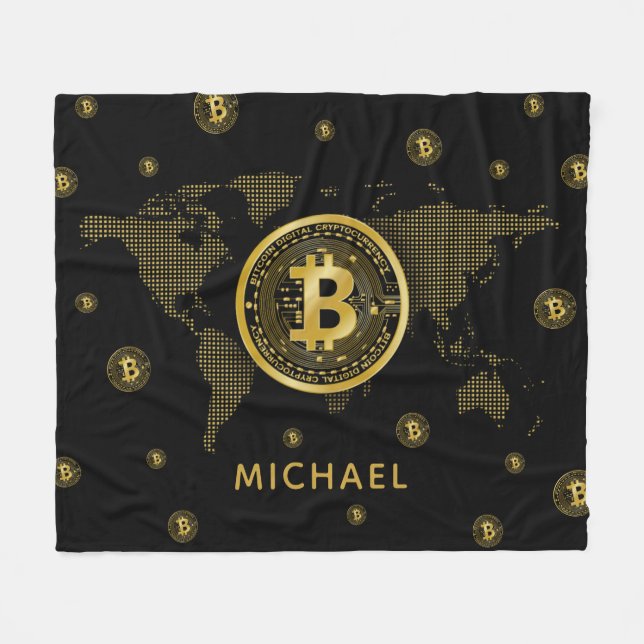 Bitcoin Gold World Black Crypto Personalized Name Fleece Blanket (Front (Horizontal))