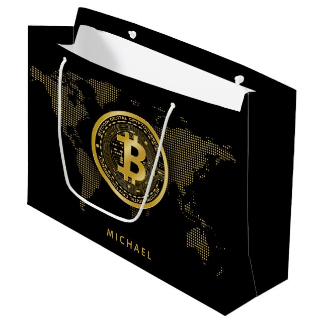 Bitcoin Gold World Black Crypto Personalized Name Large Gift Bag (Front Angled)