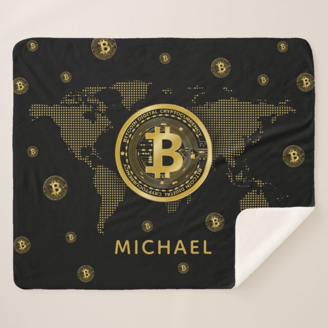 Bitcoin Gold World Black Crypto Personalized Name Sherpa Blanket (Front (Horizontal))