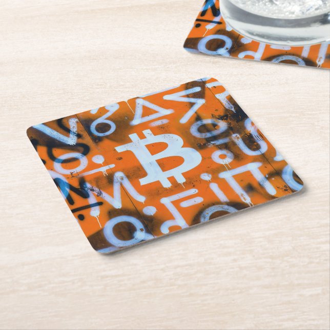 "Bitcoin Graffiti" (Style #1) Street Art Square Paper Coaster (Angled)