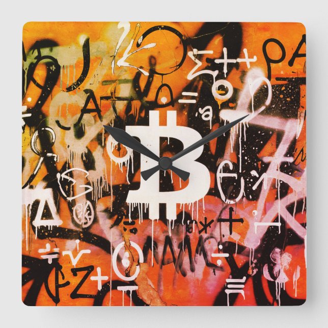 "Bitcoin Graffiti" (Style #3) Street Art Square Wall Clock (Front)