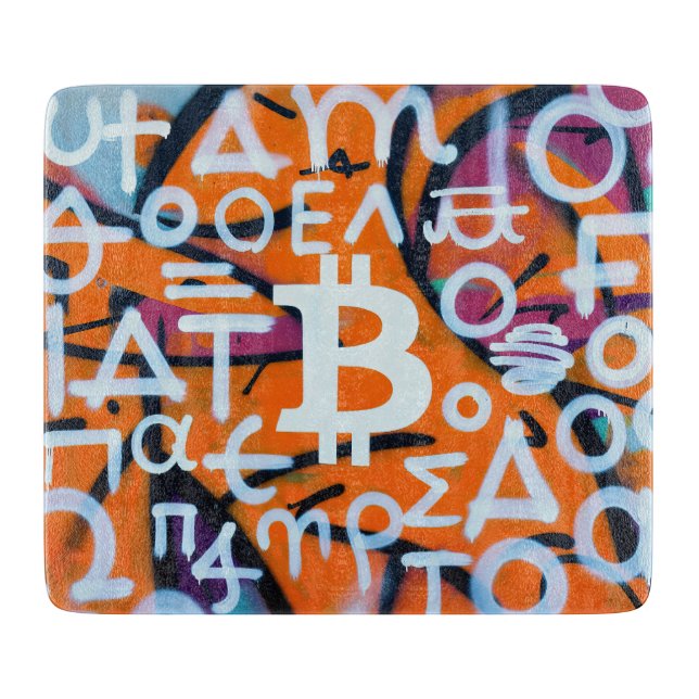 "Bitcoin Graffiti" (Style #8) Street Art Cutting Board (Front)