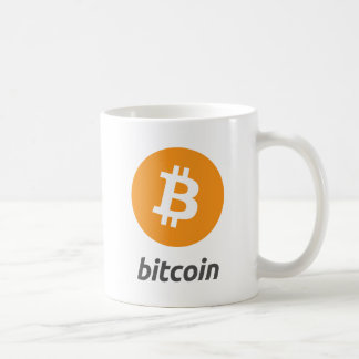 Bitcoin logo with writing coffee mug