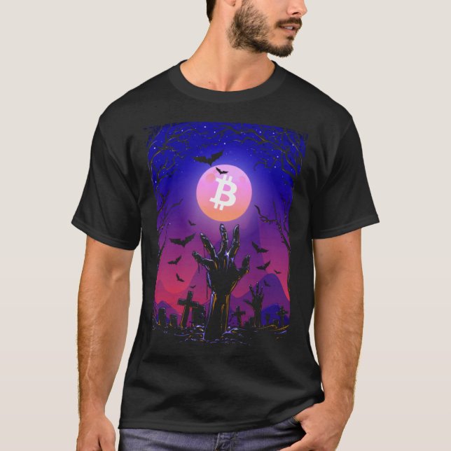 Bitcoin Moon Tombstone Graveyard Creepy Halloween T-Shirt (Front)