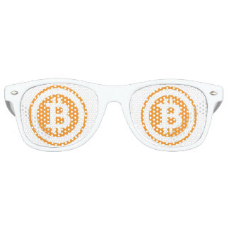 Bitcoin orange and white logo with circle retro sunglasses
